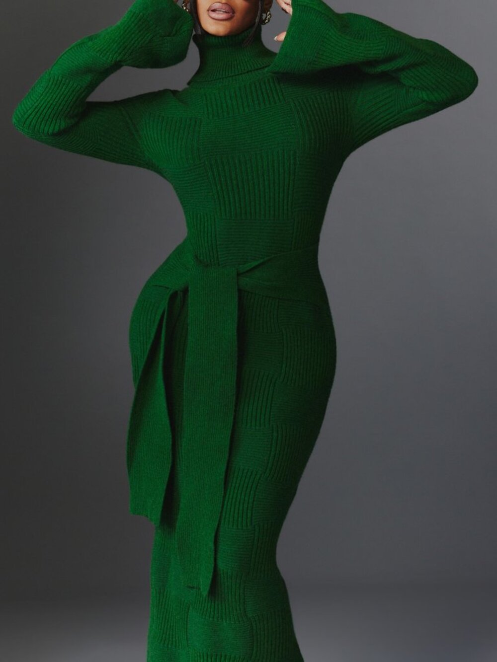 Green Elegant Women's Belted Rib-Knit Long Sleeve Midi Dress